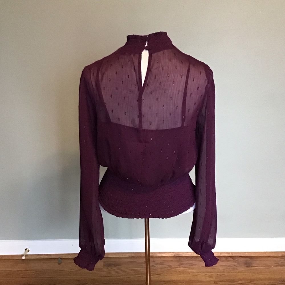 Express Burgundy Sheer Mock Neck Long Sleeves Top Built in Camisole Size Small - Picture 3 of 5
